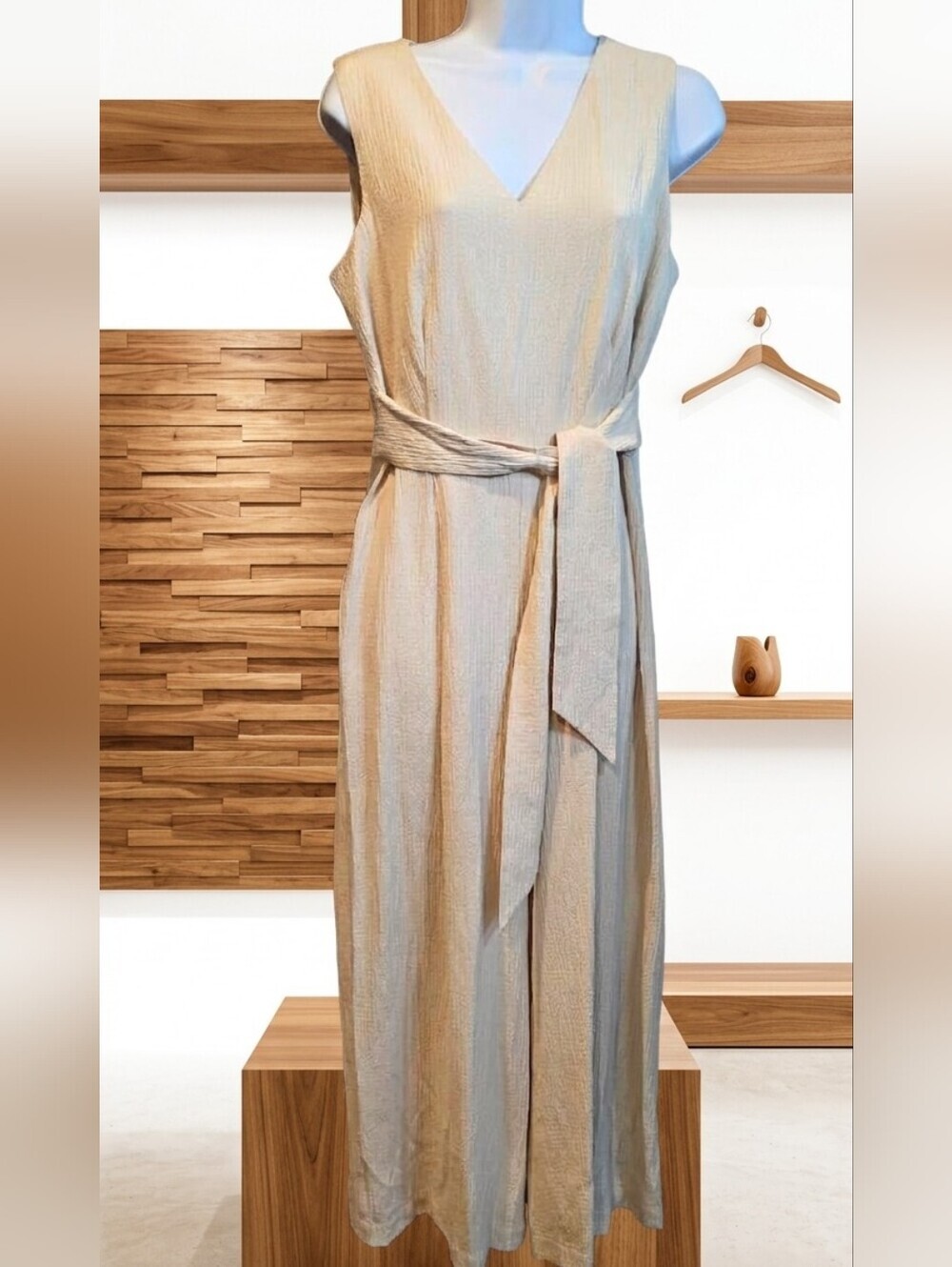896 Calvin Klein Cream Linen-Blend V-Neck Wide-Leg Jumpsuit Size 6